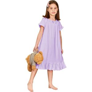 Arshiner Girls Nightgowns Sleepwear Short Sleeve Victorian Pajama Dress Soft Princess Sleepshirt for 3-12 Years Kids(Light Purple)