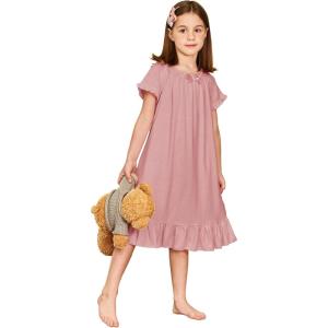 Arshiner Girls Nightgowns Sleepwear Short Sleeve Victorian Pajama Dress Soft Princess Sleepshirt for 3-12 Years Kids(Orange Pink)