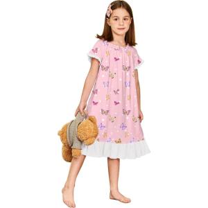 Arshiner Girls Nightgowns Sleepwear Short Sleeve Victorian Pajama Dress Soft Princess Sleepshirt for 3-12 Years Kids(Pink Butterfly)