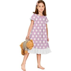 Arshiner Girls Nightgowns Sleepwear Short Sleeve Victorian Pajama Dress Soft Princess Sleepshirt for 3-12 Years Kids(Purple Flowers)
