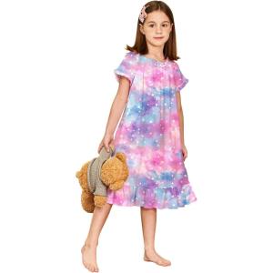 Arshiner Girls Nightgowns Sleepwear Short Sleeve Victorian Pajama Dress Soft Princess Sleepshirt for 3-12 Years Kids(Star Tye Die)