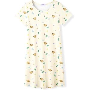 Arshiner Girls Nightgowns Summer Soft Cute Cartoon Print Pajama Sleep Dress for Kids 4-12 Years(Apricot Teddy)