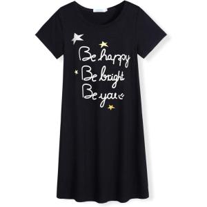 Arshiner Girls Nightgowns Summer Soft Cute Cartoon Print Pajama Sleep Dress for Kids 4-12 Years(Black/Letter Graphic)