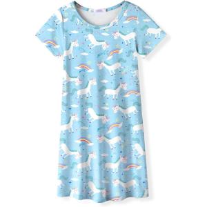 Arshiner Girls Nightgowns Summer Soft Cute Cartoon Print Pajama Sleep Dress for Kids 4-12 Years(Light Blue Animal Print)