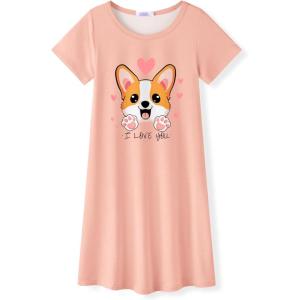 Arshiner Girls Nightgowns Summer Soft Cute Cartoon Print Pajama Sleep Dress for Kids 4-12 Years(Orange Pink Dog)