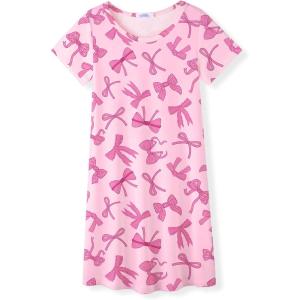 Arshiner Girls Nightgowns Summer Soft Cute Cartoon Print Pajama Sleep Dress for Kids 4-12 Years(Pink Bow)