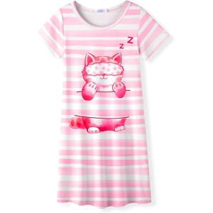 Arshiner Girls Nightgowns Summer Soft Cute Cartoon Print Pajama Sleep Dress for Kids 4-12 Years(Pink Cat)