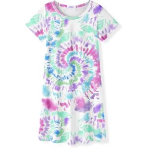 Arshiner Girls Nightgowns Summer Soft Cute Cartoon Print Pajama Sleep Dress for Kids 4-12 Years(Pink Purple Tie Dye)