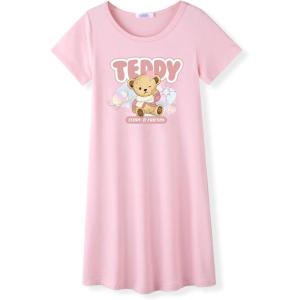 Arshiner Girls Nightgowns Summer Soft Cute Cartoon Print Pajama Sleep Dress for Kids 4-12 Years(Pink Teddy)