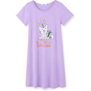 Arshiner Girls Nightgowns Summer Soft Cute Cartoon Print Pajama Sleep Dress for Kids 4-12 Years(Purple/Happy Cat)
