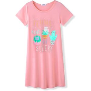 Arshiner Girls Nightgowns Summer Soft Cute Cartoon Print Pajama Sleep Dress for Kids 4-12 Years(Watermelon Red/Potted Cat)