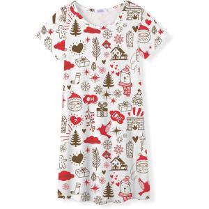 Arshiner Girls Nightgowns Summer Soft Cute Cartoon Print Pajama Sleep Dress for Kids 4-12 Years(White Christmas)