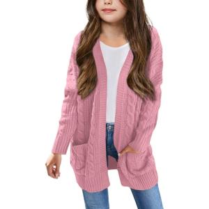 Arshiner Girls Open Front Cardigan Long Sleeve Casual Kids Fall Clothes Solid Thick Chunky Sweater Coat with Pockets(Dusty Pink)