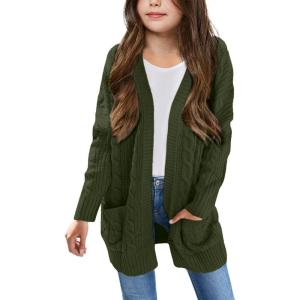 Arshiner Girls Open Front Cardigan Long Sleeve Casual Kids Fall Clothes Solid Thick Chunky Sweater Coat with Pockets(Green)