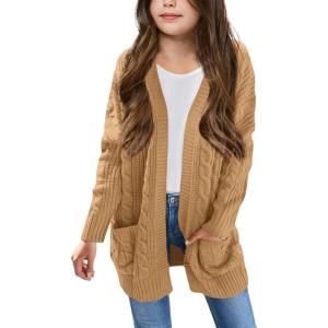 Arshiner Girls Open Front Cardigan Long Sleeve Casual Kids Fall Clothes Solid Thick Chunky Sweater Coat with Pockets(Khaki)