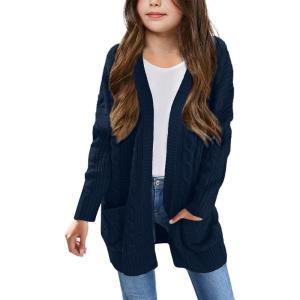 Arshiner Girls Open Front Cardigan Long Sleeve Casual Kids Fall Clothes Solid Thick Chunky Sweater Coat with Pockets(Navy Blue)