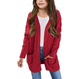Arshiner Girls Open Front Cardigan Long Sleeve Casual Kids Fall Clothes Solid Thick Chunky Sweater Coat with Pockets(Red)