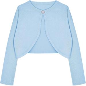 Arshiner Girls Open Front Shrug Cardigan Kids Children Knit Long Sleeve Bolero with Button Closure(Light Blue)