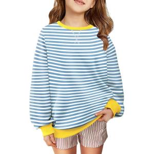Arshiner Girls Oversized Striped Crewneck Sweatshirt Long Sleeve Color Block Pullover Tops Fall Casual Clothes 5-14 Years(Blue Stripe)