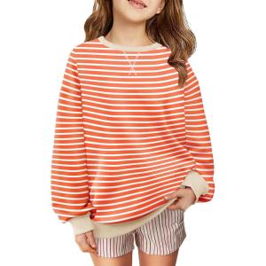 Arshiner Girls Oversized Striped Crewneck Sweatshirt Long Sleeve Color Block Pullover Tops Fall Casual Clothes 5-14 Years(Orange Pink Stripe)