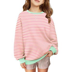 Arshiner Girls Oversized Striped Crewneck Sweatshirt Long Sleeve Color Block Pullover Tops Fall Casual Clothes 5-14 Years(Pink Apricot Stripe)