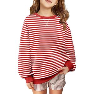 Arshiner Girls Oversized Striped Crewneck Sweatshirt Long Sleeve Color Block Pullover Tops Fall Casual Clothes 5-14 Years(Red Stripe)