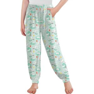 Arshiner Girls Pajama Pants Kids Plaid Pj Pants Comfy Lounge Sleepwear Bottoms with Pockets(Light Green Cat)