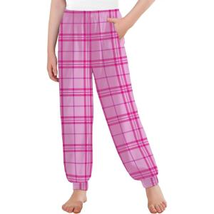 Arshiner Girls Pajama Pants Kids Plaid Pj Pants Comfy Lounge Sleepwear Bottoms with Pockets(Plaid-pink)