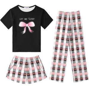 Arshiner Girls Pajama Set 3 Piece Short Sleeve Sleepwear Summer Soft Cute Pjs Outfits(Bow Plaid)