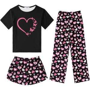 Arshiner Girls Pajama Set 3 Piece Short Sleeve Sleepwear Summer Soft Cute Pjs Outfits(Butterfly Heart)