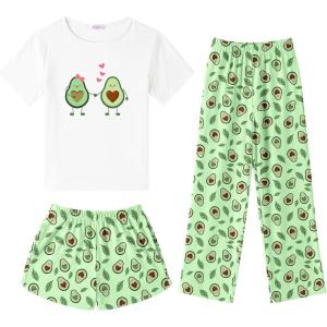 Arshiner Girls Pajama Set 3 Piece Short Sleeve Sleepwear Summer Soft Cute Pjs Outfits(Green Avocado)
