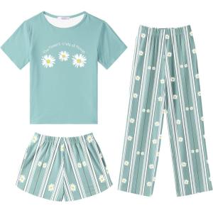 Arshiner Girls Pajama Set 3 Piece Short Sleeve Sleepwear Summer Soft Cute Pjs Outfits(Green Daisy)