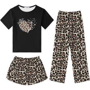 Arshiner Girls Pajama Set 3 Piece Short Sleeve Sleepwear Summer Soft Cute Pjs Outfits(Leopard Heart)