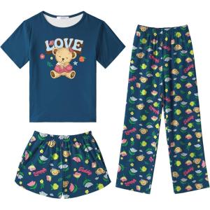 Arshiner Girls Pajama Set 3 Piece Short Sleeve Sleepwear Summer Soft Cute Pjs Outfits(Navy Teddy)