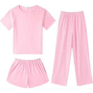 Arshiner Girls Pajama Set 3 Piece Short Sleeve Sleepwear Summer Soft Cute Pjs Outfits(Pink)