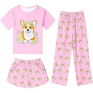 Arshiner Girls Pajama Set 3 Piece Short Sleeve Sleepwear Summer Soft Cute Pjs Outfits(Pink Dog)