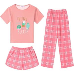 Arshiner Girls Pajama Set 3 Piece Short Sleeve Sleepwear Summer Soft Cute Pjs Outfits(Potted Cat Plaid)