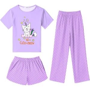 Arshiner Girls Pajama Set 3 Piece Short Sleeve Sleepwear Summer Soft Cute Pjs Outfits(Purple Cat)