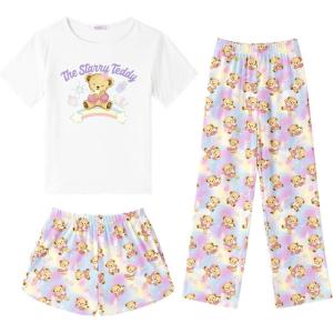 Arshiner Girls Pajama Set 3 Piece Short Sleeve Sleepwear Summer Soft Cute Pjs Outfits(Rainbow Teddy)