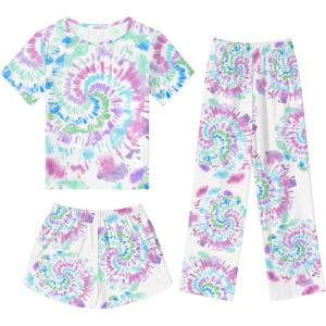 Arshiner Girls Pajama Set 3 Piece Short Sleeve Sleepwear Summer Soft Cute Pjs Outfits(Tie Dye Swirl)