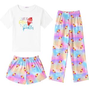 Arshiner Girls Pajama Set 3 Piece Short Sleeve Sleepwear Summer Soft Cute Pjs Outfits(Tie-dye Ice Cream)
