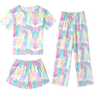 Arshiner Girls Pajama Set 3 Piece Short Sleeve Sleepwear Summer Soft Cute Pjs Outfits(Watercolor)