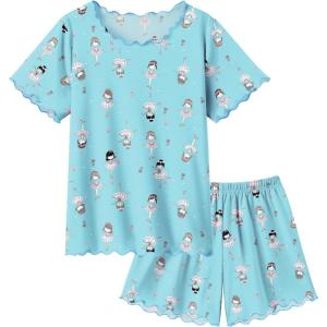 Arshiner Girls Pajama Set Short Sleeve Lounge Set Soft Shirring Summer Sleepwear Pj Sets(Blue Elf)