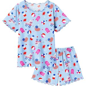 Arshiner Girls Pajama Set Short Sleeve Lounge Set Soft Shirring Summer Sleepwear Pj Sets(Light Blue Roller Skate)