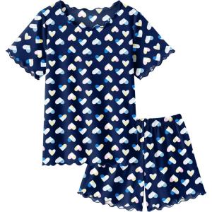 Arshiner Girls Pajama Set Short Sleeve Lounge Set Soft Shirring Summer Sleepwear Pj Sets(Navy Blue Heart)