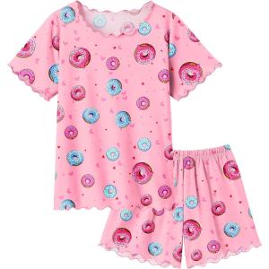 Arshiner Girls Pajama Set Short Sleeve Lounge Set Soft Shirring Summer Sleepwear Pj Sets(Pink Donut)