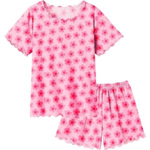Arshiner Girls Pajama Set Short Sleeve Lounge Set Soft Shirring Summer Sleepwear Pj Sets(Pink Flowers)