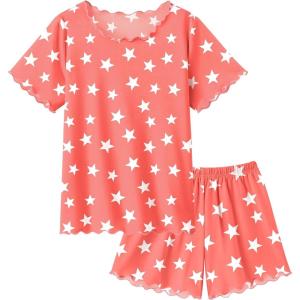 Arshiner Girls Pajama Set Short Sleeve Lounge Set Soft Shirring Summer Sleepwear Pj Sets(Pink Stars)
