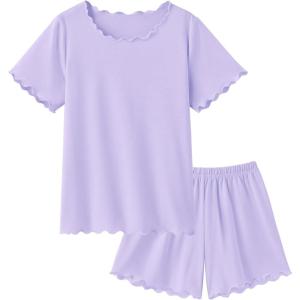 Arshiner Girls Pajama Set Short Sleeve Lounge Set Soft Shirring Summer Sleepwear Pj Sets(Purple)