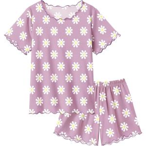 Arshiner Girls Pajama Set Short Sleeve Lounge Set Soft Shirring Summer Sleepwear Pj Sets(Purple Flowers)